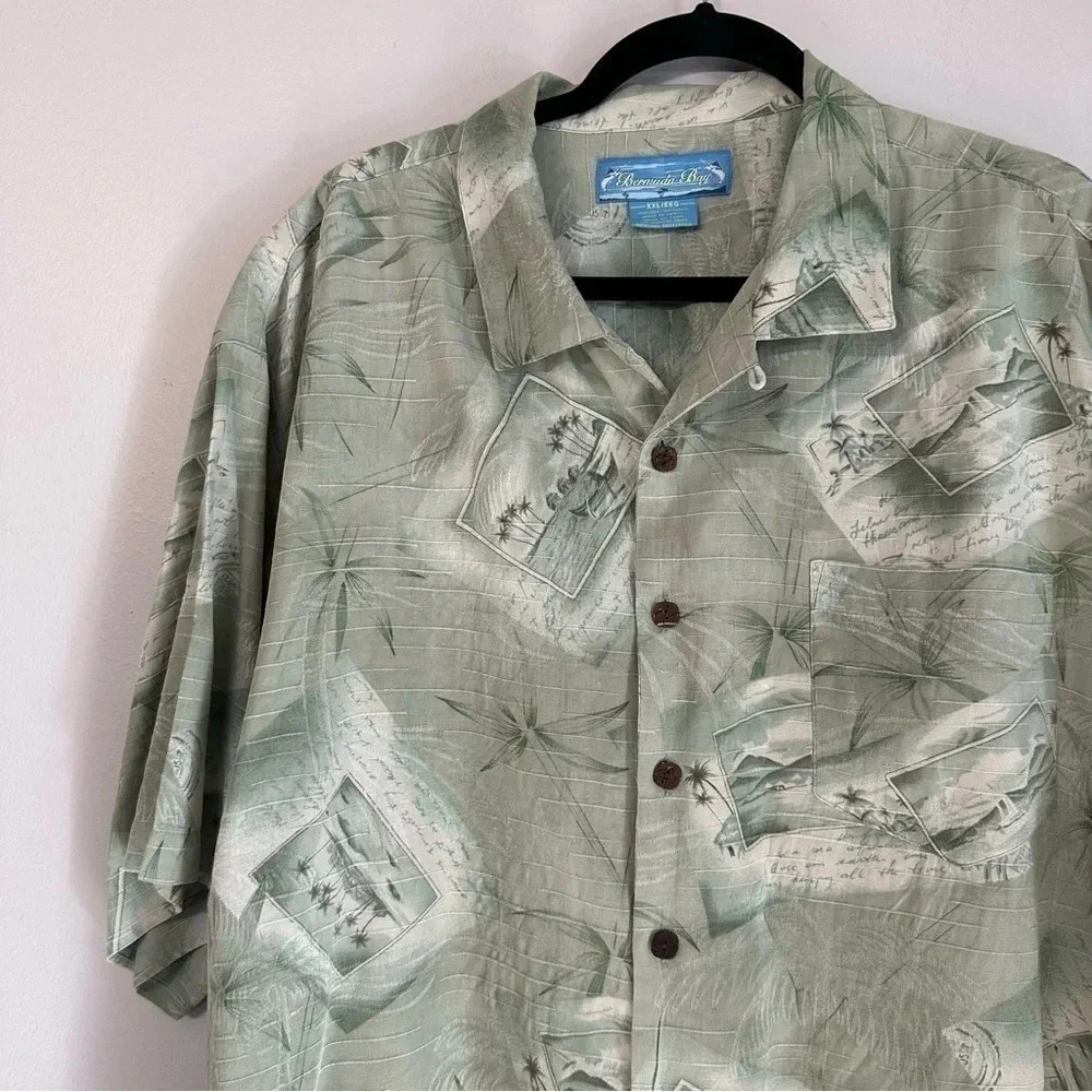 Bermuda Bay Men's Vintage Green Tropical 100% Silk Button Down Shirt Sz XXL GUC - Picture 3 of 8